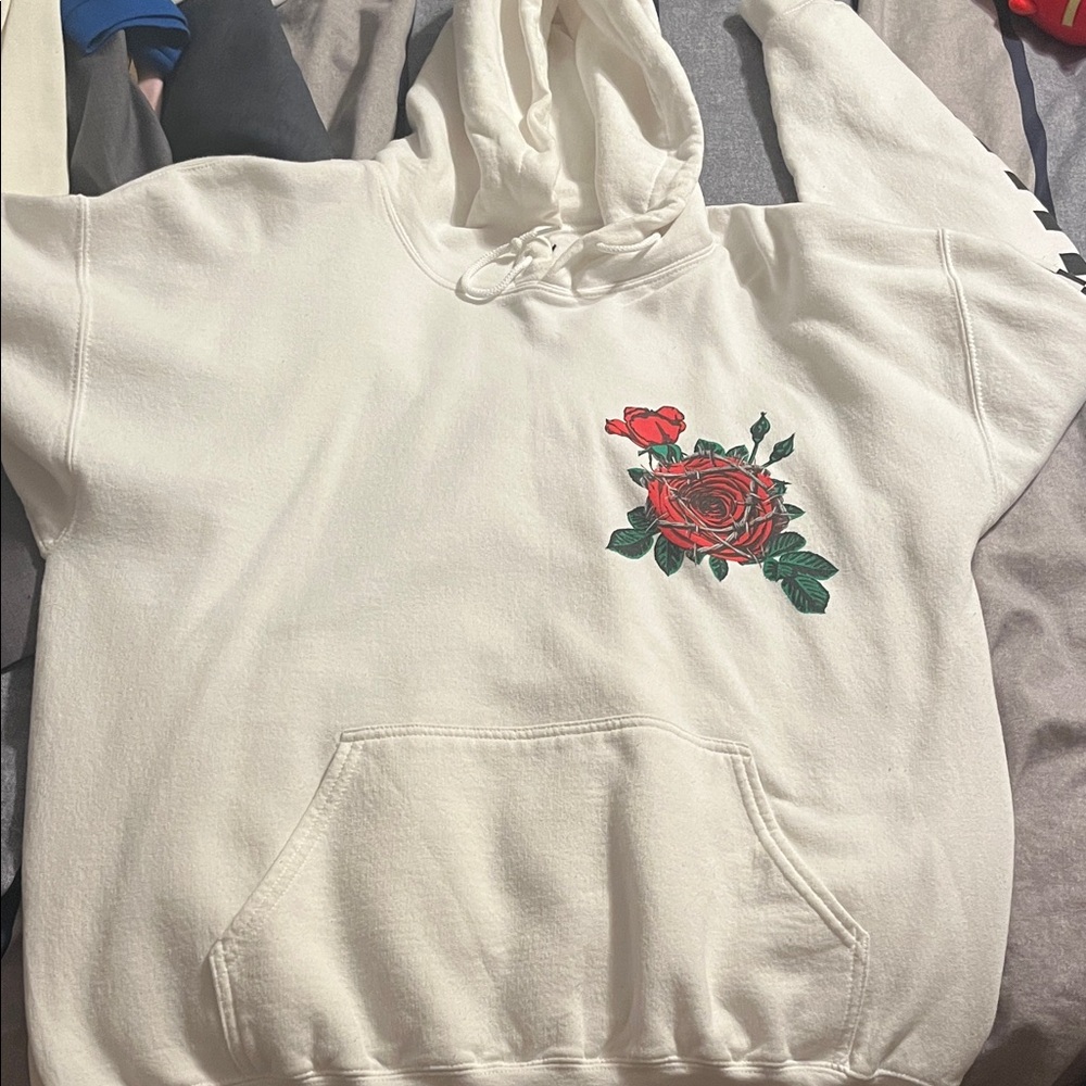 White Graphic Hoodie with Rose and Tokyo Print